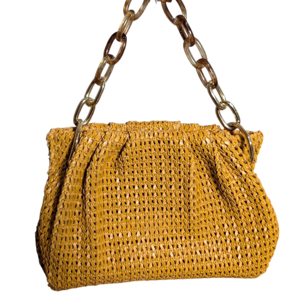 House of Want- HOW We Inspire- Vegan Faux Leather Shoulder Bag- Tan Woven- Chain